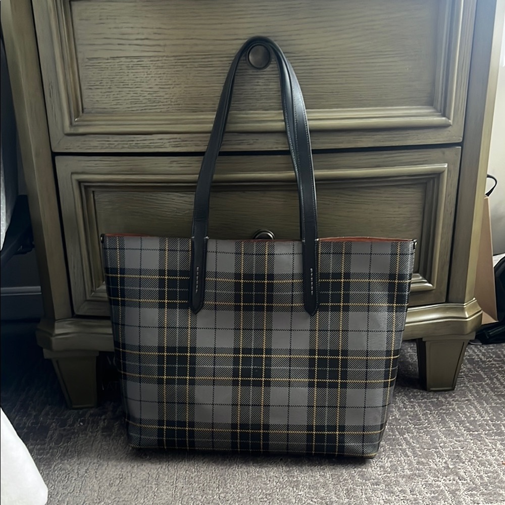 Plaid Tote Bag with Black Straps